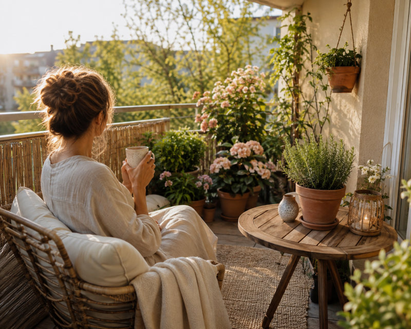 Frau genießt den Spätsommer auf einem gemütlichen Balkon mit Pflanzen, Holztisch und Rattansessel.