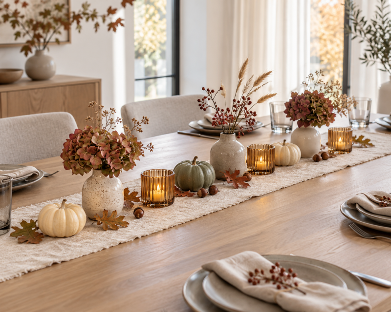 Längliche herbstliche Tischdeko mit kleinen Keramikvasen, hellen Kürbissen und warmen Amber-Windlichtern.