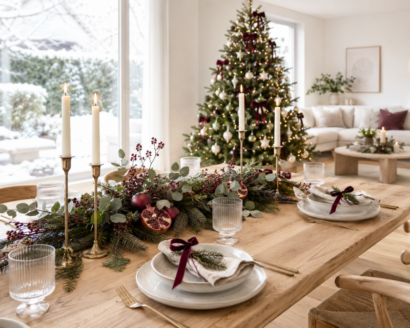 Elegante Weihnachtstafel in Burgunderrot und Gold mit Tannengrün, Kerzen, Granatäpfeln und geschmücktem Weihnachtsbaum