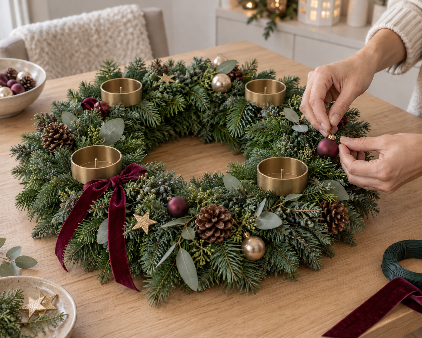 Burgunderrote Kugel mit Bindedraht an einem Adventskranz mit niedrigen goldenen Kerzenhaltern befestigen