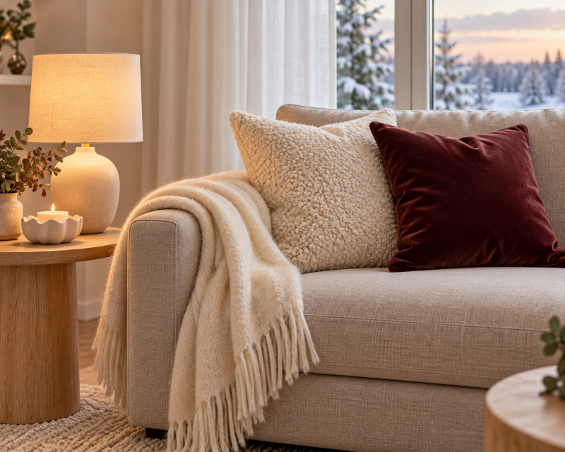 Helles kleines Wohnzimmer mit beigem Sofa, cremefarbener Kuscheldecke, Kissen in Burgund und warm leuchtender Tischlampe.