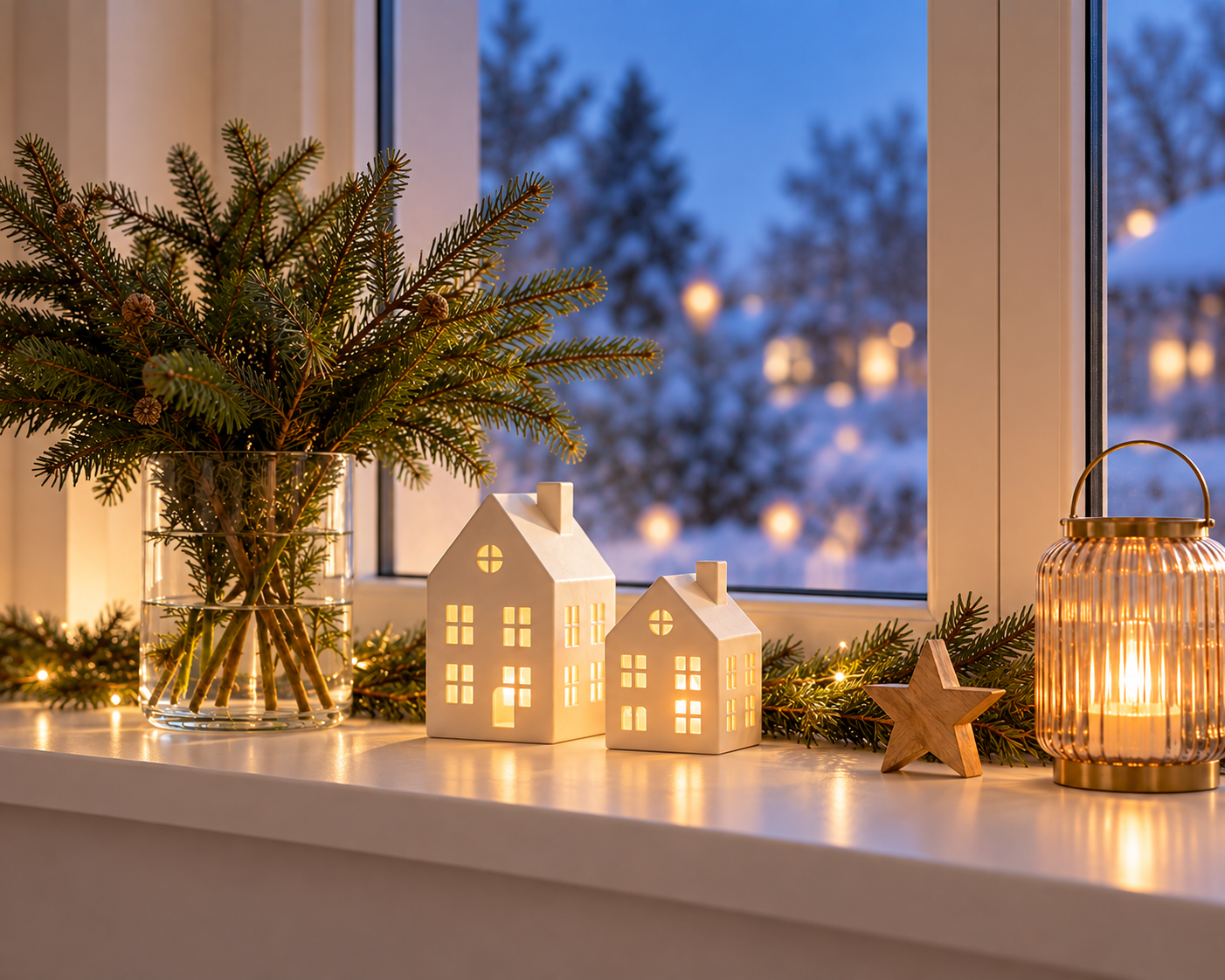 Gemütlich dekorierte Fensterbank zu Weihnachten mit Tannenzweigen in einer Glasvase, leuchtenden weißen Lichthäusern, Holzstern und warmem Windlicht.