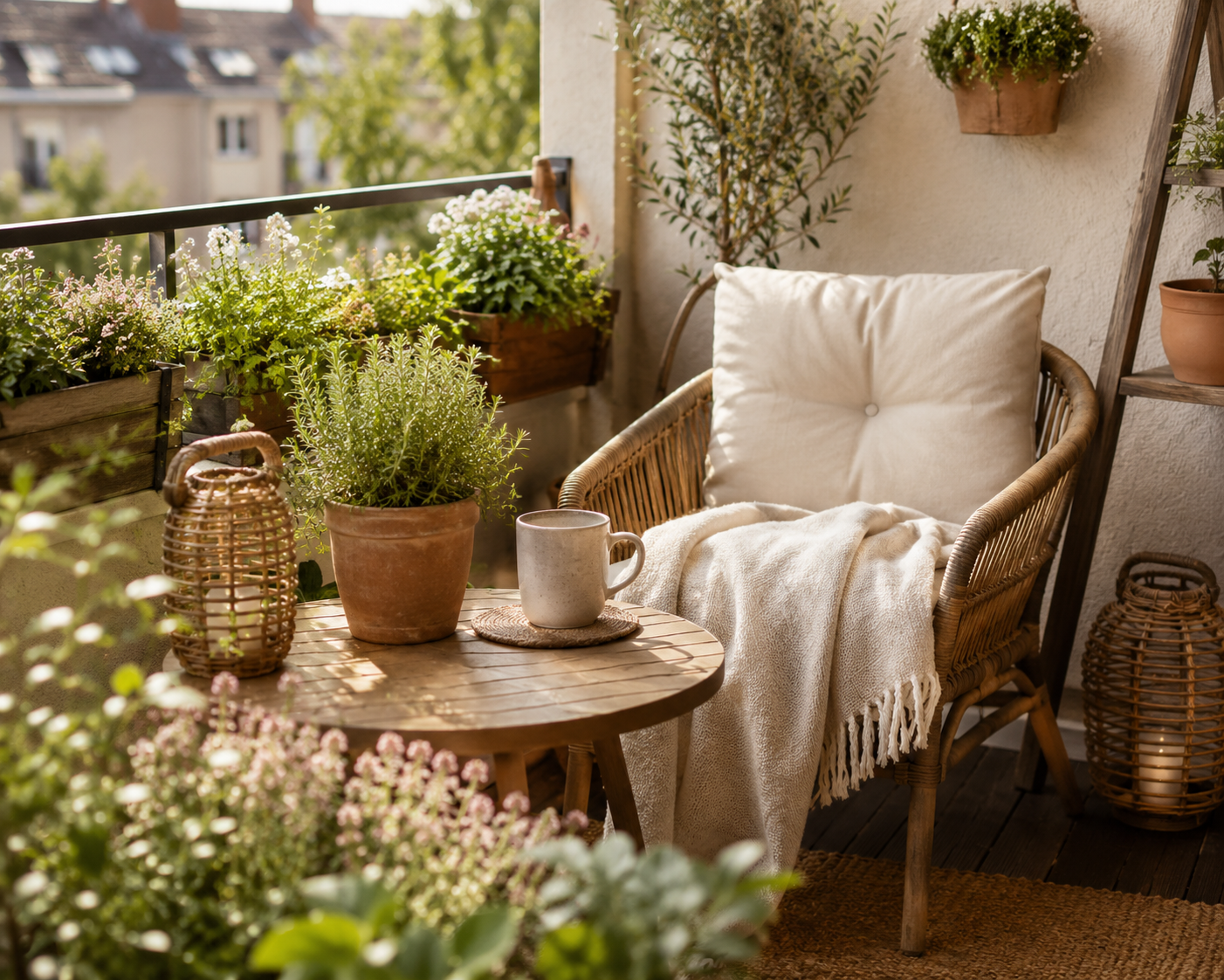 Gemütlich gestalteter Balkon mit Pflanzen, Rattansessel, kleinem Tisch und natürlichen Dekorationen.