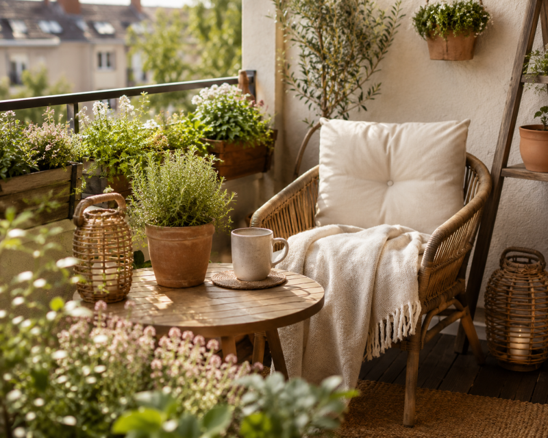 Gemütlich gestalteter Balkon mit Pflanzen, Rattansessel, kleinem Tisch und natürlichen Dekorationen