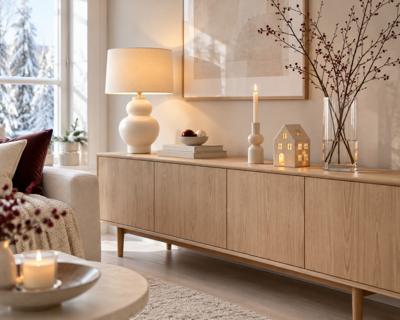 Helles kleines Wohnzimmer mit Holz Sideboard, Tischleuchte, Kerze, Lichthaus und winterlichen Zweigen.
