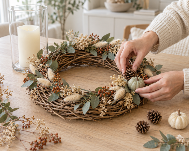 Herbstkranz mit kleinen Zapfen und einem salbeigrünen Dekokürbis gestalten