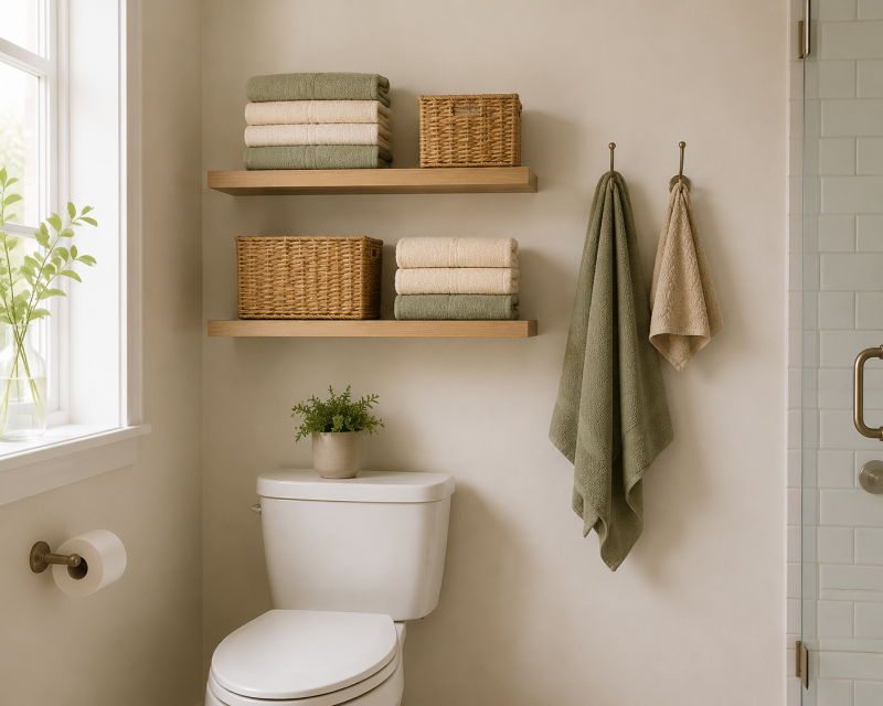 Schmale Wandregale über der Toilette mit Handtüchern und Körben in einem kleinen Badezimmer