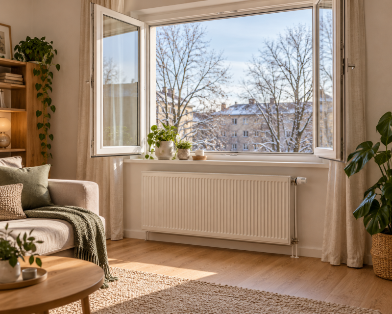 Weit geöffnete Fenster über einem freien Heizkörper in einem hellen, gemütlichen Wohnzimmer im Winter.