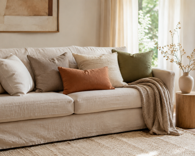 Kissen und Decken in warmen Naturfarben harmonisch auf einem beigen Sofa kombiniert