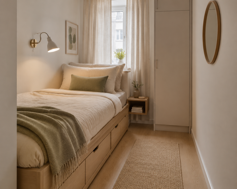 Kleines Schlafzimmer mit Stauraumbett, schmalem Nachttisch, Wandlampe und ruhigen Naturfarben