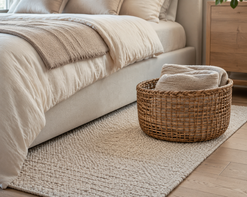 Heller Teppich und Korb mit Decke für mehr Gemütlichkeit im Herbstschlafzimmer