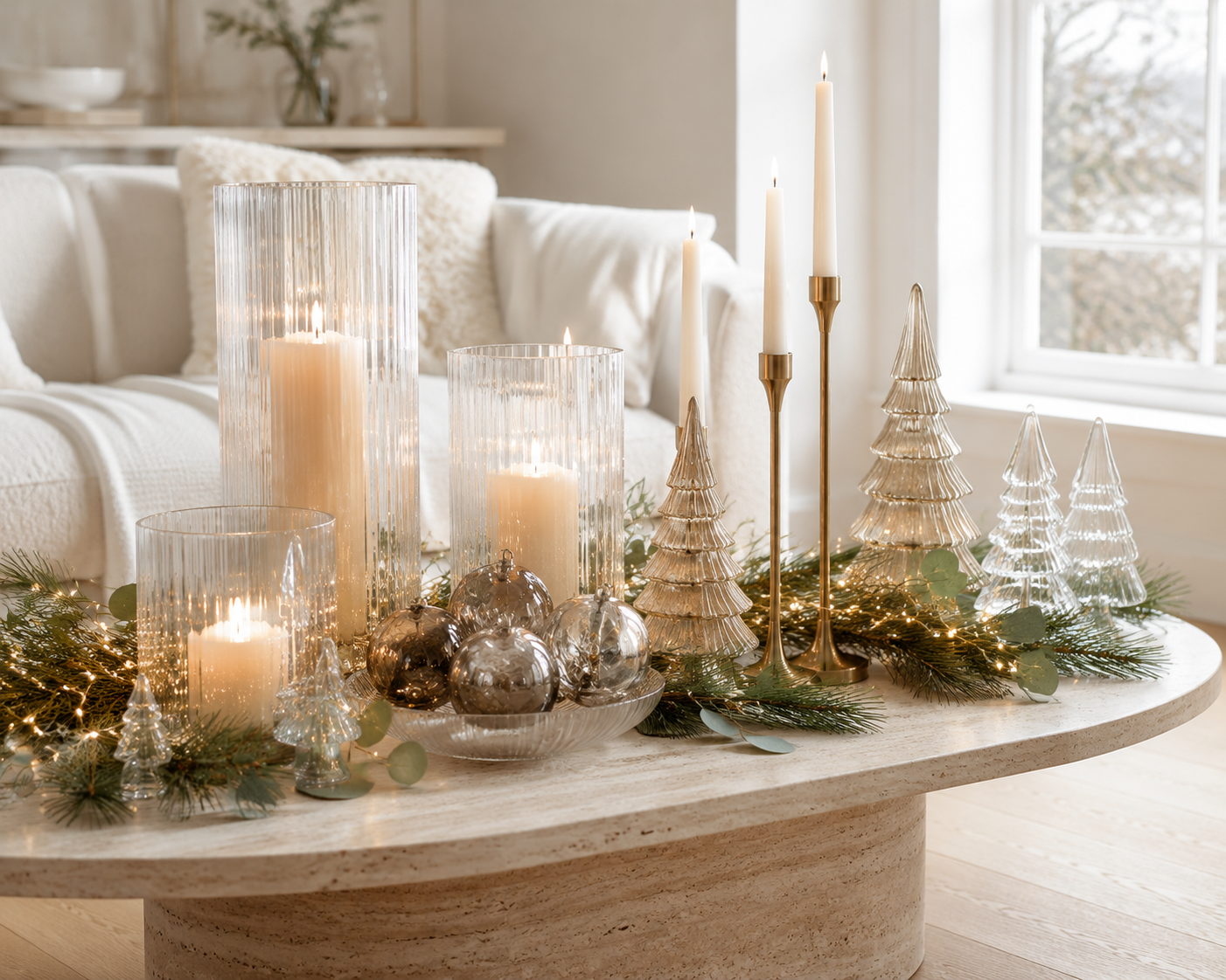 Moderne Weihnachtsdeko mit geriffelten Glaslaternen, Glasbäumen, Metallkerzenhaltern, Tannengrün und warmweißer Beleuchtung