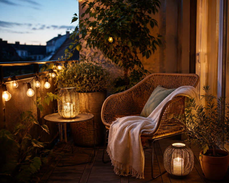 Gemütlicher Balkon am Abend mit warmweißer Lichterkette, Laternen, Pflanzen und Rattansessel.