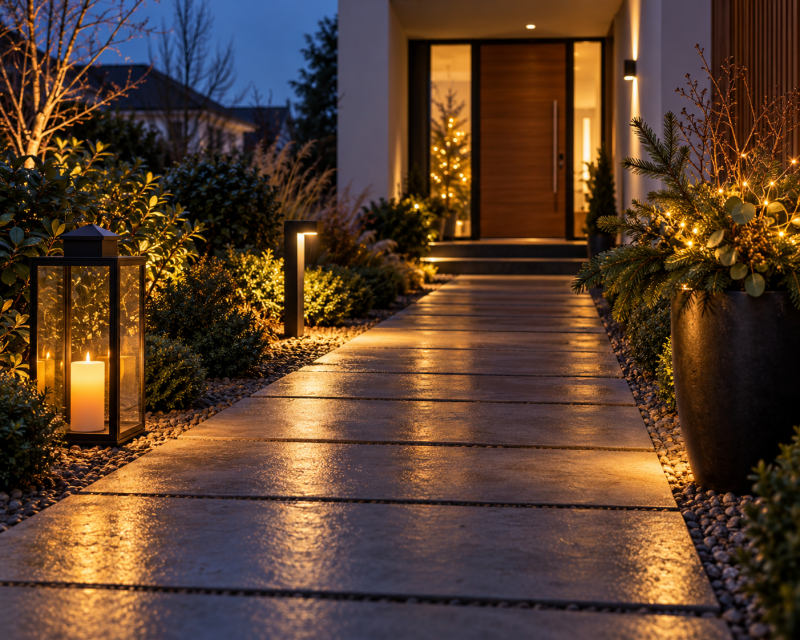 Moderner beleuchteter Gartenweg im Winter mit großer schwarzer Laterne, dezenten Wegleuchten und einem Pflanzkübel mit Tannengrün und warmweißer Lichterkette.