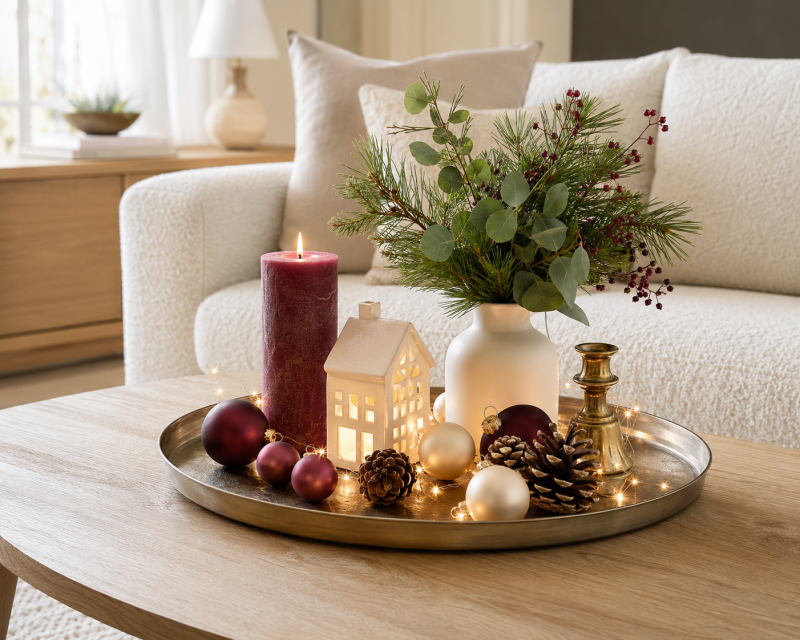 Festliches Tablett mit burgunderroter Kerze, cremefarbenem Lichthaus, Tannengrün, Weihnachtskugeln und goldenen Akzenten.