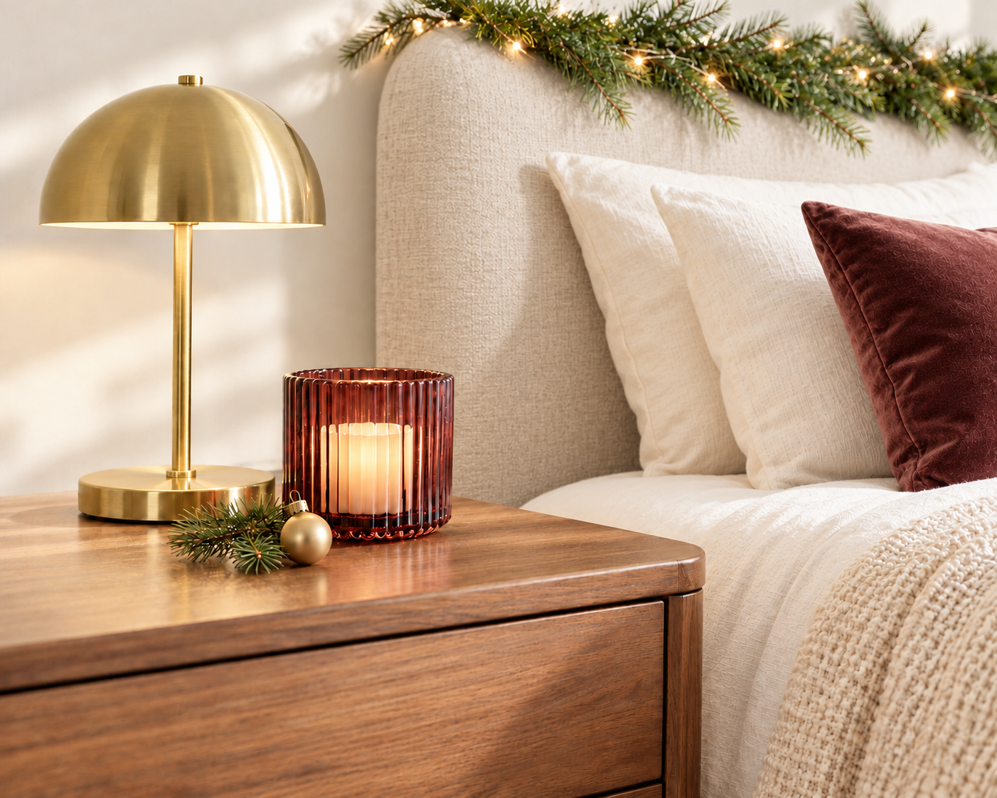 Helles Schlafzimmer mit dunkelgrünem Kopfteil, Tannengirlande mit warmweißer Lichterkette, Messinglampe, burgunderroter LED-Kerze und cremefarbener Strickdecke.
