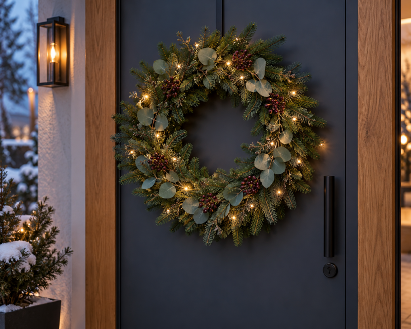 Natürlicher Weihnachtskranz aus Tannengrün und Eukalyptus mit feiner warmweißer Lichterkette an einer modernen dunklen Haustür.