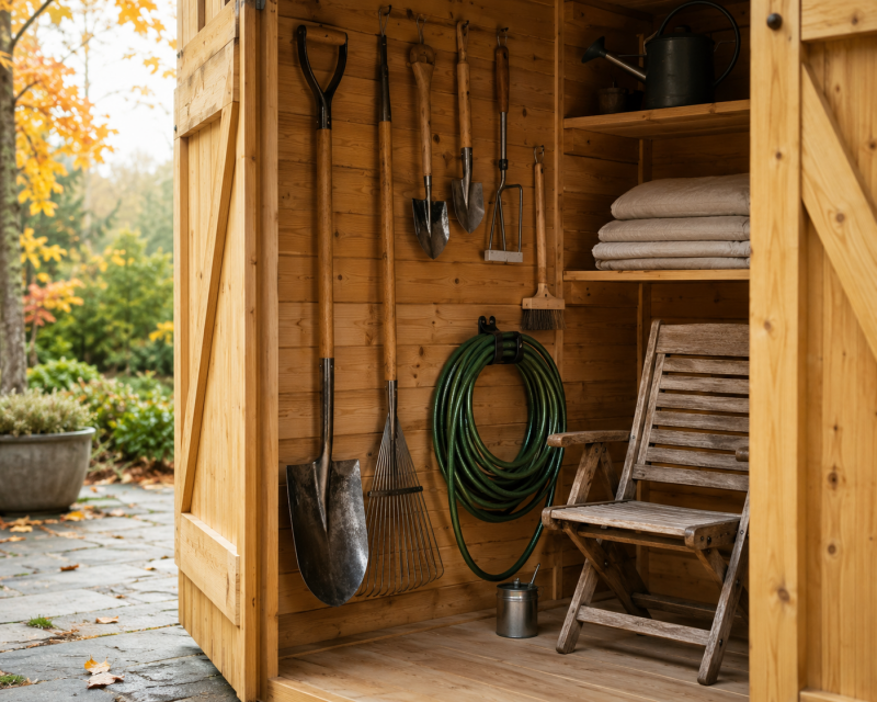 Gereinigte Gartengeräte, Gartenschlauch und Polster ordentlich im Gartenhaus verstaut