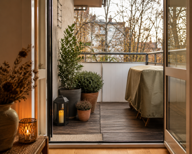 Aufgeräumter und winterfest vorbereiteter kleiner Balkon mit geschützten Möbeln und Pflanzen