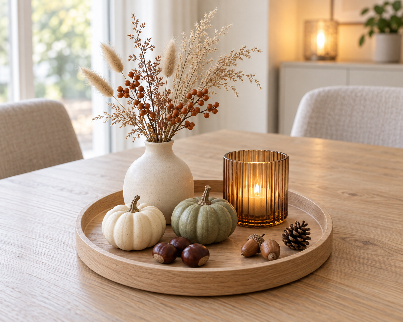 Moderne Herbstdeko auf einem Holztablett mit Kürbissen, Vase und Amber-Windlicht