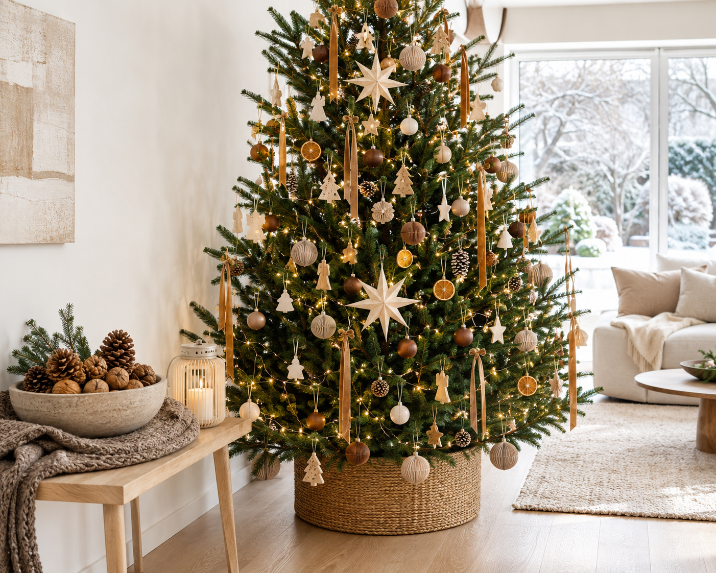 Natürlicher Weihnachtsbaum mit Holzanhängern, Papiersternen, Tannenzapfen, Orangenscheiben und Dekoration in warmen Erdtönen