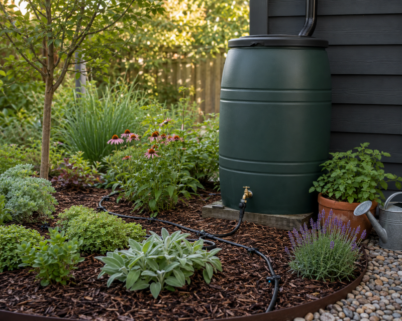 Regentonne mit angeschlossenem Tropfschlauch zur wassersparenden Bewässerung eines Gartenbeets