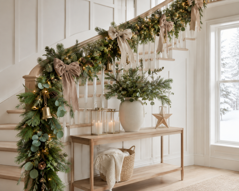 Helle Landhaus-Weihnachtsdeko mit üppiger Treppengirlande, großen beigefarbenen Samtschleifen, Tannengrün und goldenen Glocken