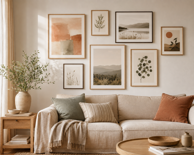 Gemütliches Wohnzimmer mit harmonisch angeordneter Bilderwand über einem beigen Sofa