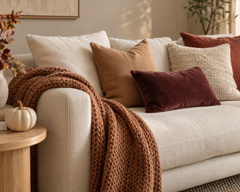 Herbstliche Kissen und kuschelige Decke auf einem modernen cremefarbenen Sofa