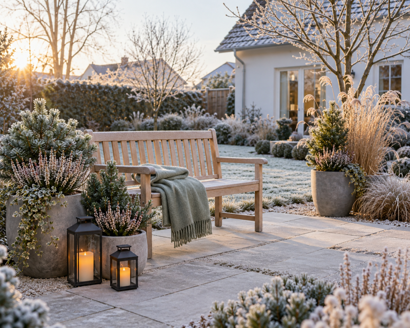 Winterlich gestalteter Garten mit Holzbank, immergrünen Pflanzen, Gräsern und warmen Laternen