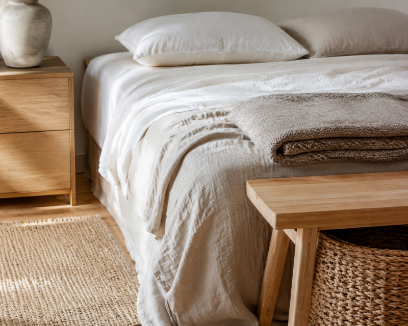 Schlafzimmer mit Leinenbettwäsche, Wolldecke, Holzbank, Naturteppich und geflochtenem Korb