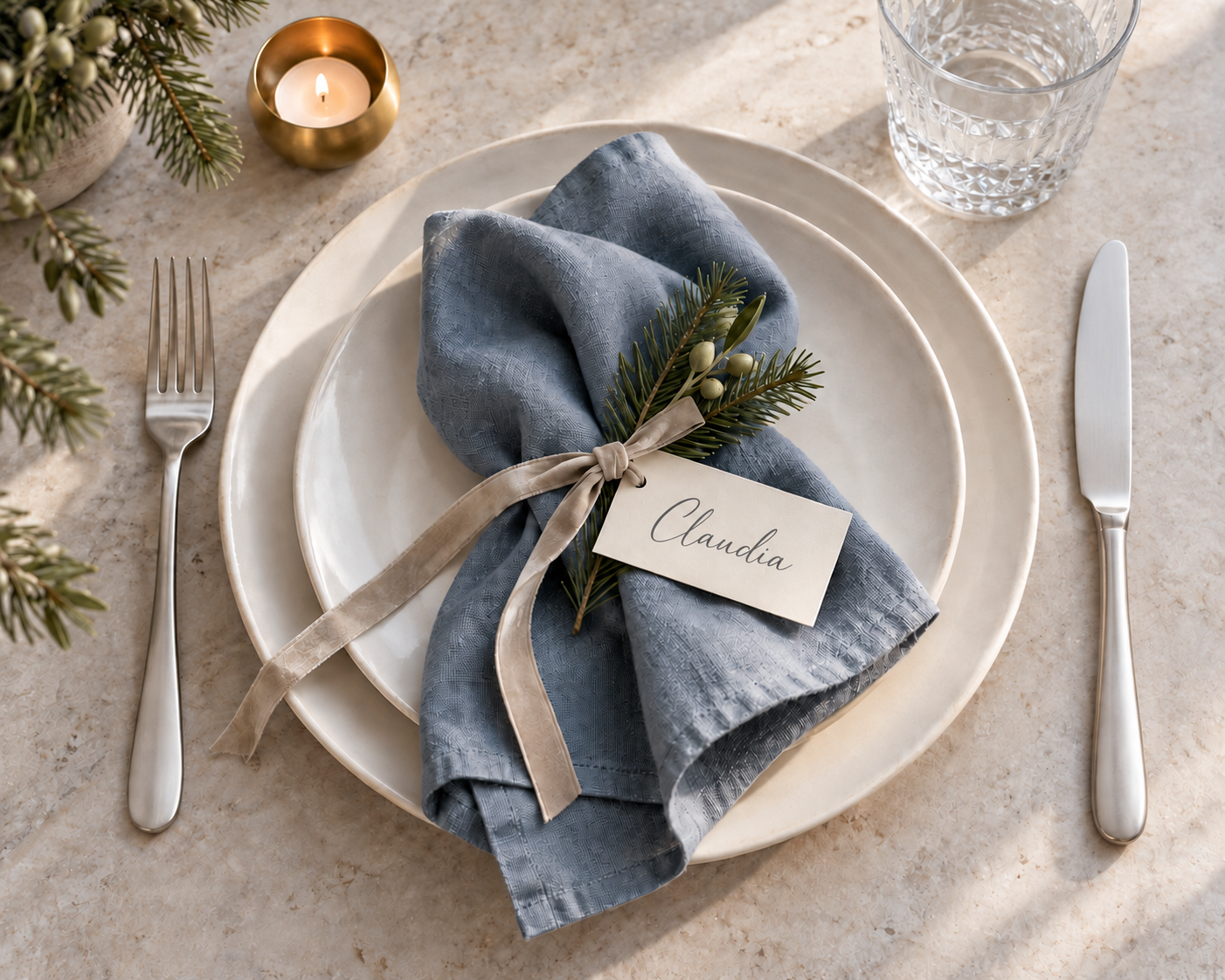 Weihnachtliches Gedeck mit rauchblauer Leinenserviette, cremefarbenem Geschirr, kleinem Tannenzweig, Platzkarte und Kerzenlicht.