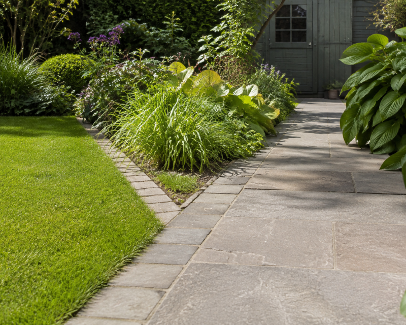 Pflegeleichter Gartenweg mit breiten Steinplatten, gerader Rasenkante und dicht bepflanztem Beet