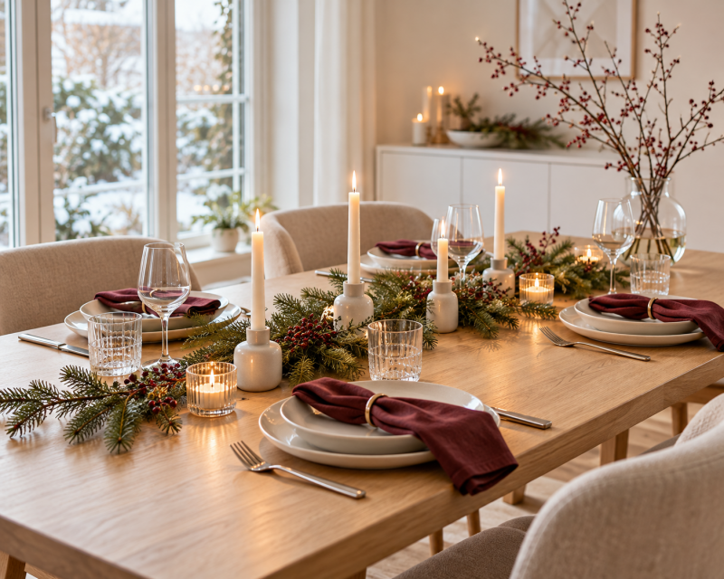 Weihnachtlich gedeckter Holztisch mit cremefarbenem Geschirr, Servietten in Burgund, Kerzen, Tannengrün und Beeren.