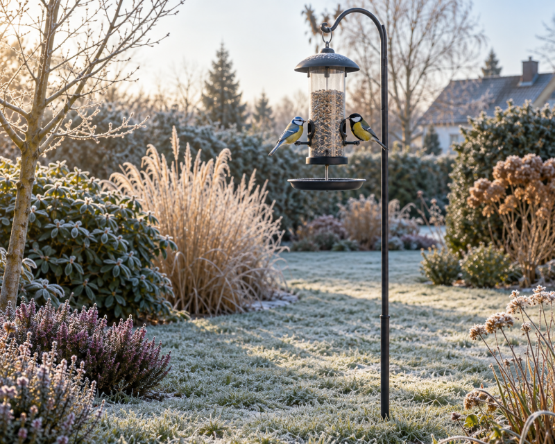 Hygienisches Futtersilo mit Meisen in einem naturnah gestalteten Wintergarten