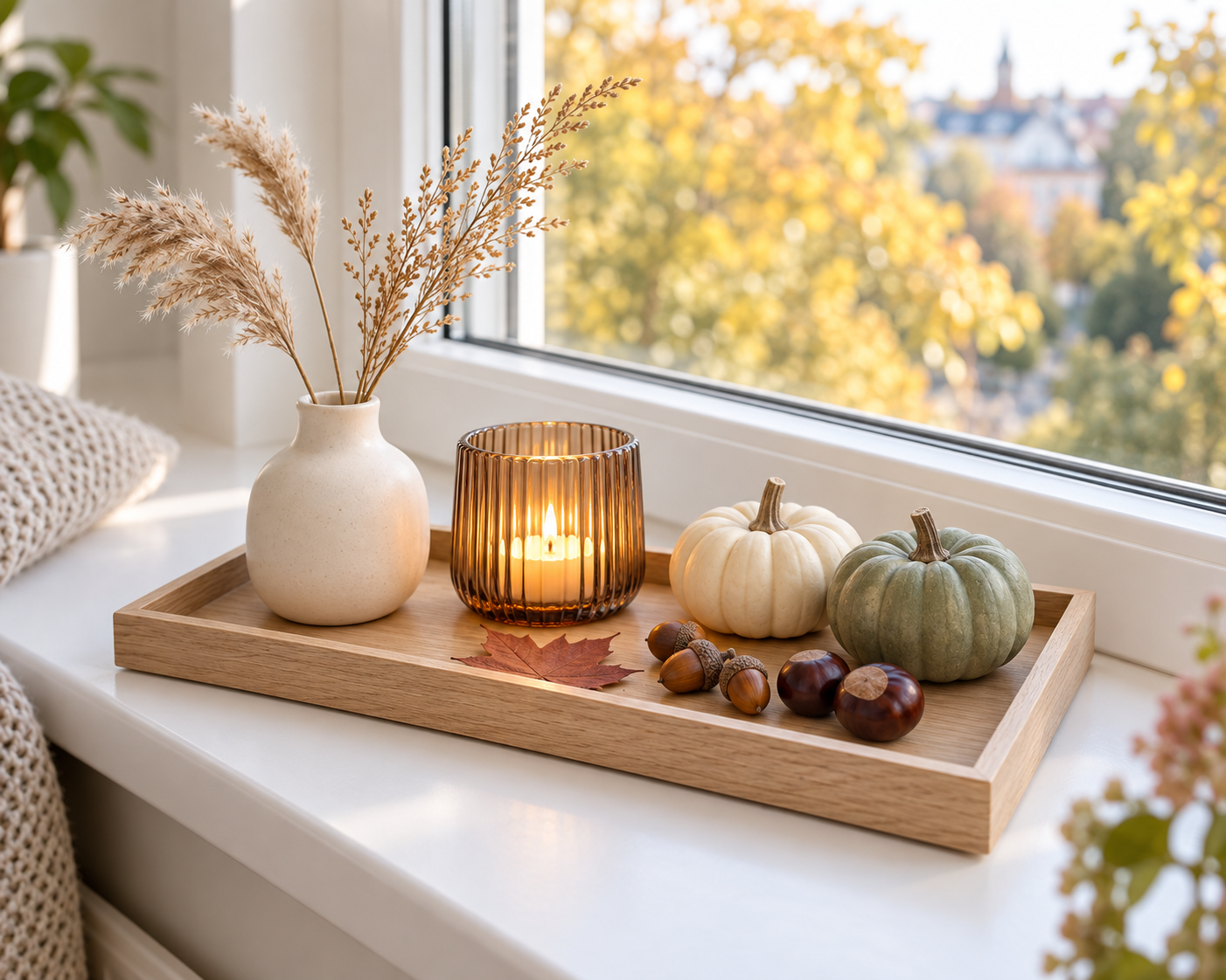 Herbstliches Holztablett mit Kürbissen, Keramikvase, Naturmaterialien und warmem Windlicht