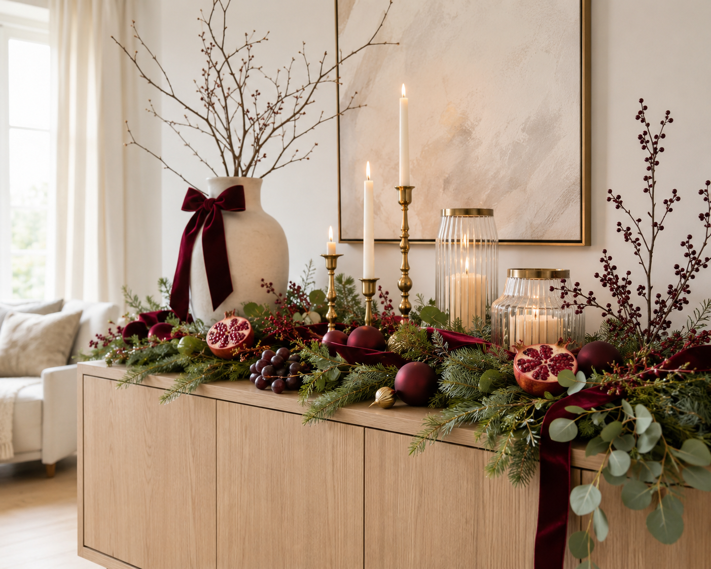 Moderne Weihnachtsdeko in Burgunderrot und Antikgold mit Samtband, Tannengrün, Glaslaternen, Kerzen, Beeren und Granatäpfeln