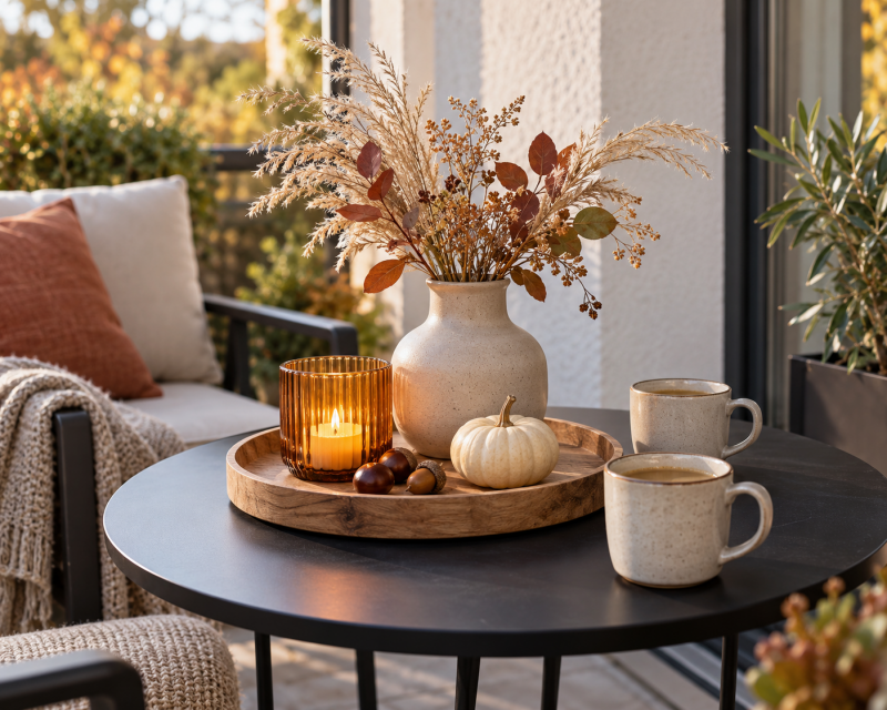 Kleiner schwarzer Terrassentisch mit herbstlichem Holztablett, Trockenblumen, hellem Kürbis, leuchtendem Windlicht, Kastanien und zwei Tassen.
