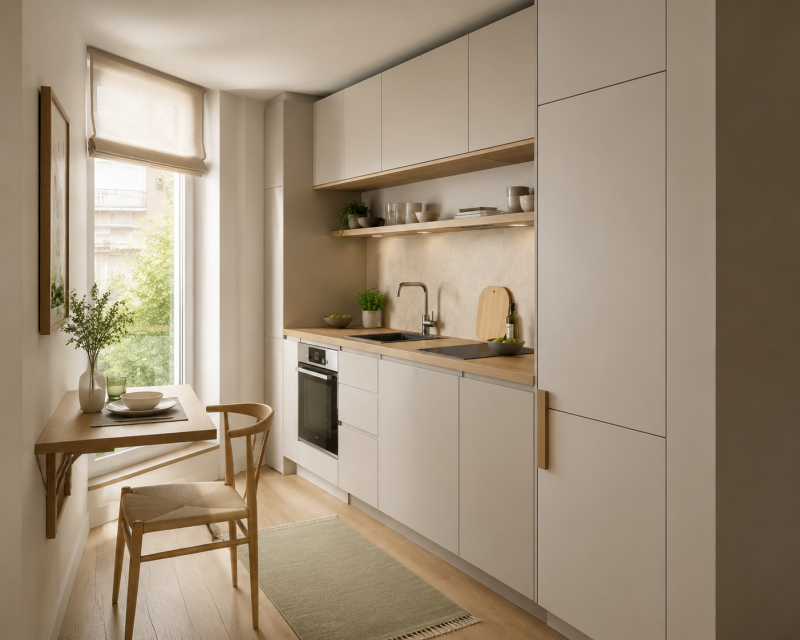 Kleine Küche clever eingerichtet mit hohen Schränken und platzsparendem Wandtisch