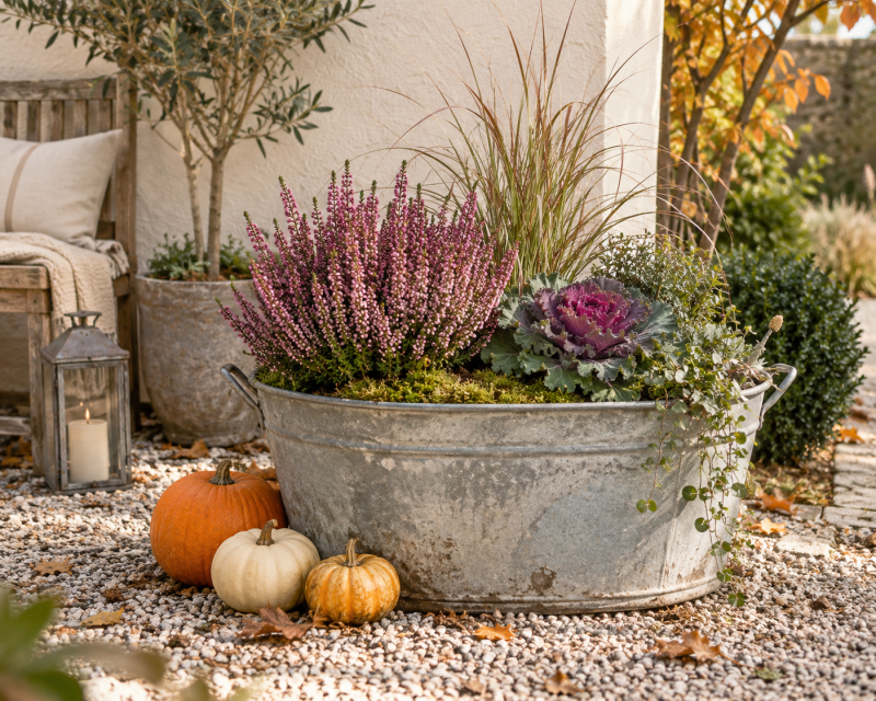 Zinkwanne herbstlich dekorieren mit Pflanzen, Moos und kleinen Kürbissen