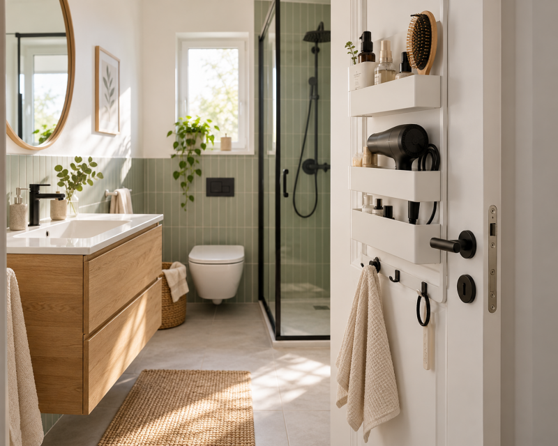 Kleines modernes Badezimmer mit einem schmalen Türorganizer für Föhn, Bürste und Pflegeprodukte auf der Innenseite der Badezimmertür.