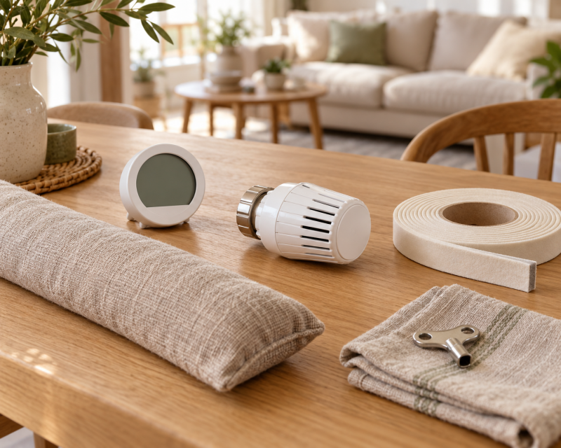 Praktische Energiesparhelfer auf einem Holztisch: Hygrometer, Heizkörperthermostat, Fensterdichtungsband, Zugluftstopper und Entlüfterschlüssel.