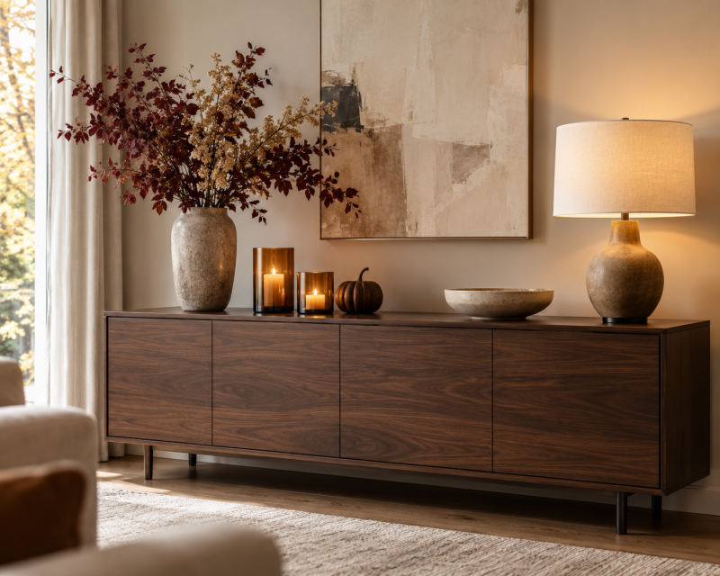 Modernes Sideboard mit herbstlichen Zweigen, Kerzengläsern und dezenter Kürbisdeko