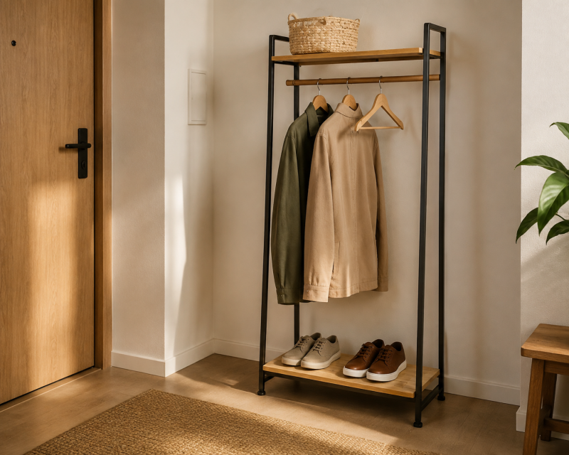 Türgarderobe ohne Bohren mit Haken für Jacke, Schal und Handtasche in einem kleinen Flur