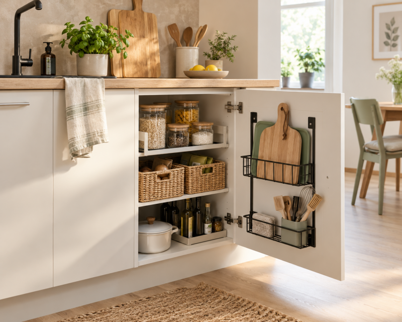 Geöffneter Küchenschrank mit Regaleinsätzen, Vorratsgläsern und Halterungen an der Schranktür für mehr Stauraum in einer kleinen Küche.
