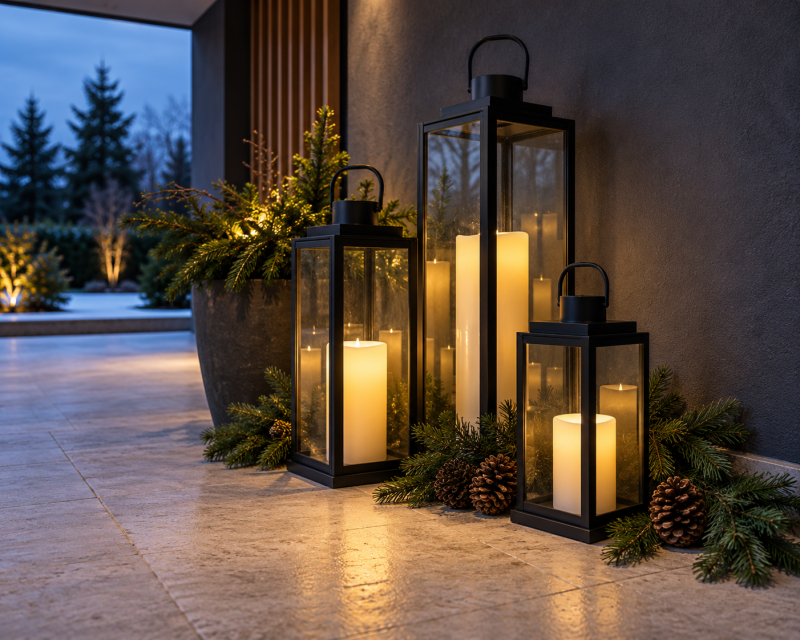 Drei große schwarze Outdoor-Laternen mit warmweißen LED-Kerzen, Tannenzweigen und Zapfen vor einem modernen Hauseingang im Winter.