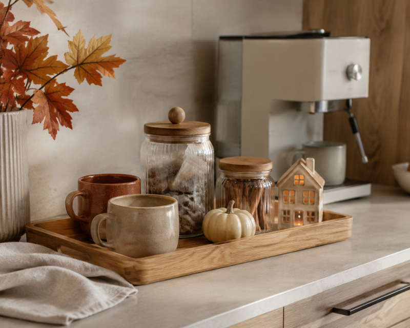 Gemütliche Kaffee- und Teeecke mit Tassen, Vorratsgläsern, Keramikkürbis und beleuchtetem Lichthaus