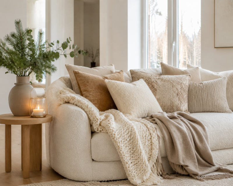 Helles Sofa mit Kissen und Decken in Beige, Creme und Greige sowie winterlichen Tannenzweigen in einer Keramikvase