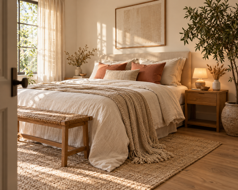 Ruhiges Boho-Schlafzimmer mit Leinenbettwäsche, Holzmöbeln, warmen Erdtönen und Pflanzen.