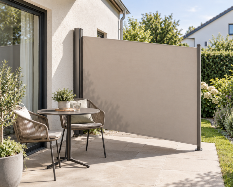 Ausgezogene Seitenmarkise als flexibler Sichtschutz für eine kleine Gartenterrasse